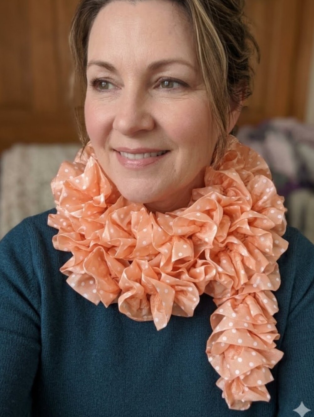 Hand Knit Polyester Peach With White Polkadot Ribbon Yarn Scarf